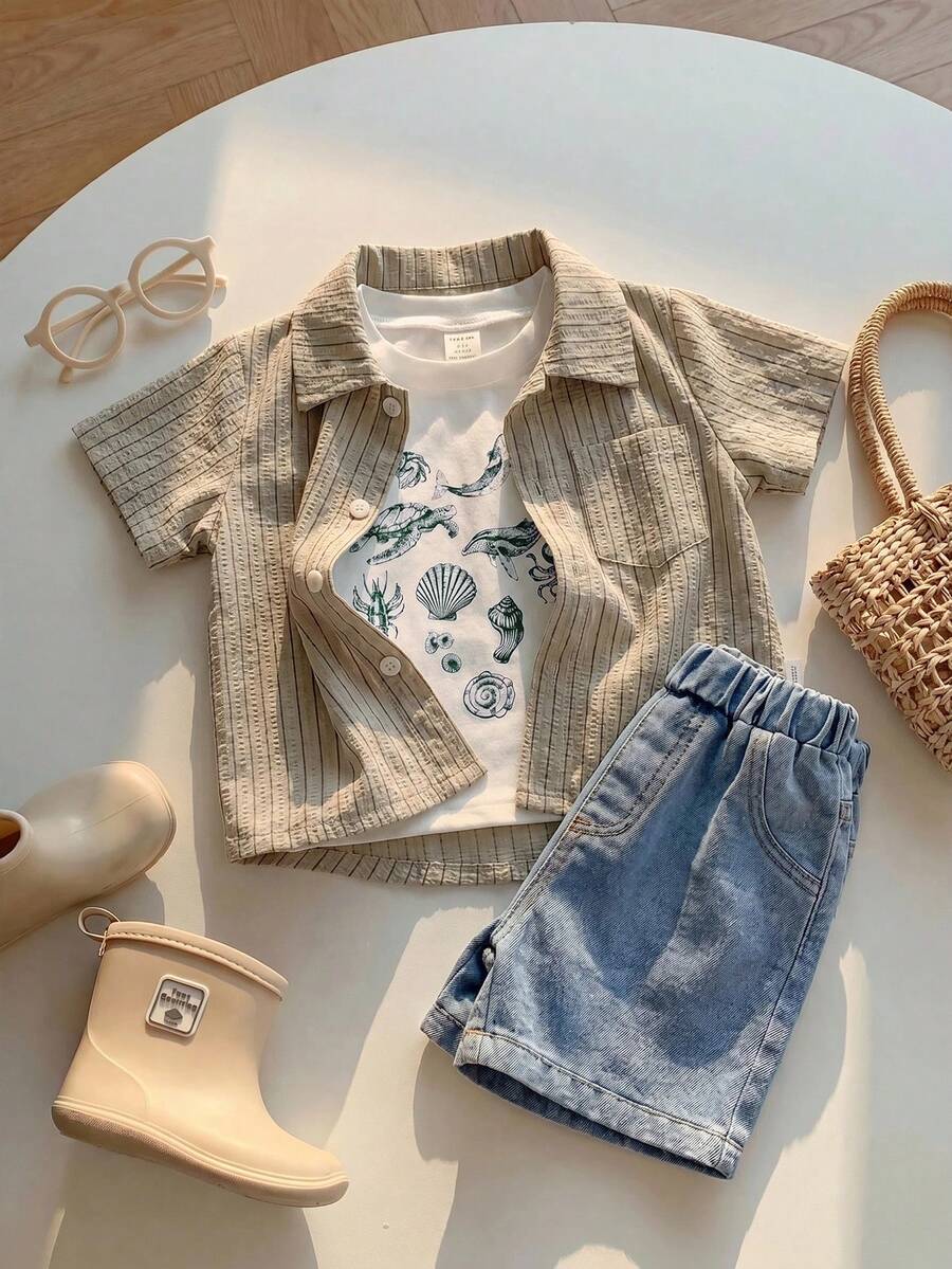 3pcs Set Includes: Baby Boy Summer Casual Vacation Blue Striped Shirt, Shell Graphic White T-Shirt, Blue Denim Shorts Outfit, Summer Suit - Multicolor - View 1