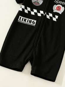 SHEIN Baby Boy/Girl Letter & Racing Car Pattern Knit Soft Short Sleeve Romper With Shorts - Multicolor - View 4