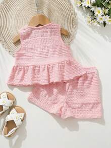 Cozy Pixies Conjunto de 2 peças com Cardigan de Malha de Gola Redonda Sem Mangas e Shorts de Cintura Elástica em Cor Sólida para Bebê Menina - Rosa Bebê - Visão 2