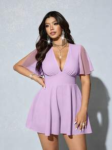 Viva Relle Combinaison élégante et sexy grande taille, col V profond, couleur unie, été - Parme - Voir 5