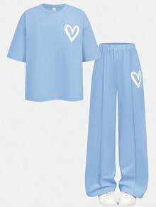 SHEIN Girlism Completo casual da ragazza adolescente in maglia blu oliva, con collo rotondo, spalle cadenti, plissettatura e stampa, adatto per uso quotidiano, streetwear, sport, vacanze, attività all'aperto in famiglia, picnic primaverili e varie occasioni - Blu - Visualizzare 12