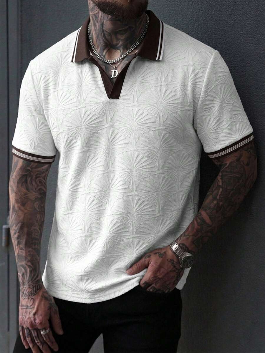 Manfinity CasualCool 男士夏季休闲商务通勤短袖Polo衫，采用扇形纹理面料，撞色条纹饰边，V领设计，男士Polo衫，男士针织Polo衫，男装，日常休闲穿着，周末旅行，户外活动，探险旅行，轻松的工作环境或半正式场合，送给男友/丈夫的礼物，周年纪念/生日礼物，派对，夏季度假，海滩装扮，夏威夷婚礼，适合春夏季节穿着 - 白色 - 查看 1