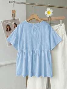 SHEIN EZwear 100%純棉淺藍色亞麻編織女款襯衫，夏季上衣，適合日常通勤、約會、聚會、秋冬/夏季、聖誕節、新年、感恩節、派對、婚禮、海灘、畢業典禮、時尚、優雅、休閒、外出、約會、預約、通勤、亮麗、情人節、優雅、度假 - 淺藍色 - 查看 2