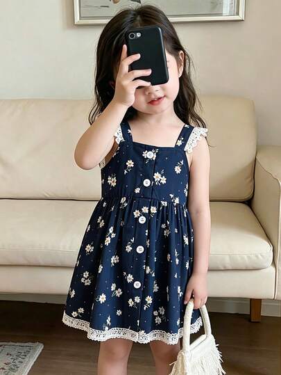 Elladie kids 女婴甜美森林风藏青底白色清新碎花蕾丝边方领单排扣宽松柔软日常休闲无袖吊带连衣裙