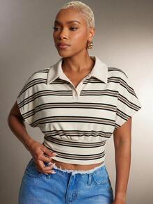 Denimoi Cinched Waist Collared Striped Polo Top Fashionable Tops Collared Top - Apricot - View 5