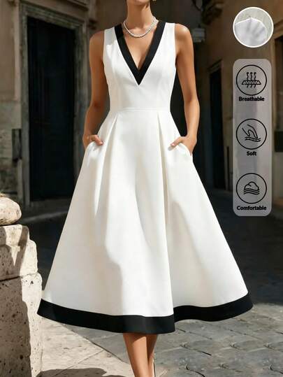 Balvessa Women's Black & White Contrast V-Neck Sleeveless Waist Cinched Midi Dress
