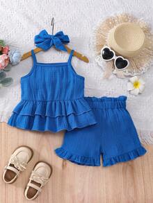 Girls' Summer Sleeveless Top And Shorts Set, With Layered Ruffle Hem, Trim, Matching Bow Hair Clip, Sweet Fresh Look - Blue - View 4