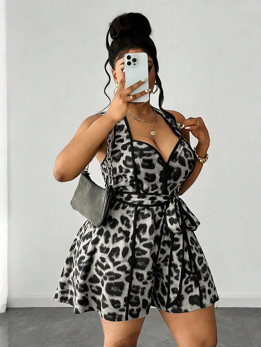 Maweii Macacão feminino plus size com estampa de leopardo e cintura torcida, sexy e casual. - Cinza - Ver 1