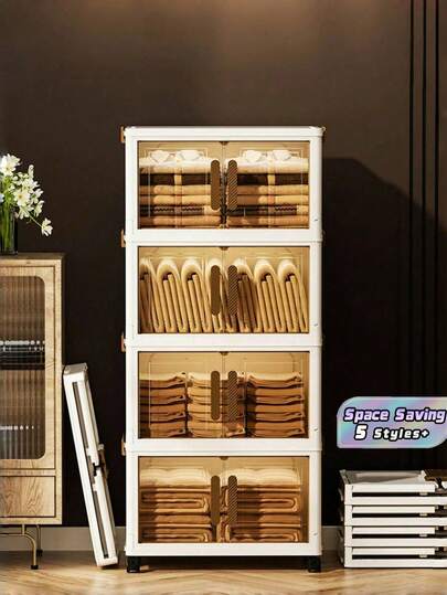 1PC 5 Tier Stackable Plastic Storage Bins With Lids 32 Sides Wide Folding Bin Collapsible Storage Containers Closet Organizer Storage Cabinet For Home Pantry Office Dorm Crafts Organizing Solutions Stackable Containers