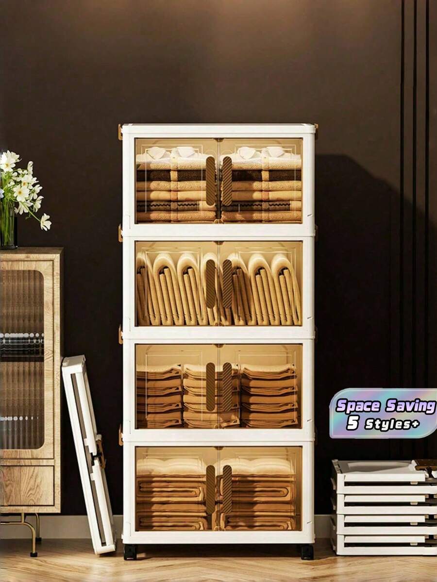 1PC 5 Tier Stackable Plastic Storage Bins With Lids 32 Sides Wide Folding Bin Collapsible Storage Containers Closet Organizer Storage Cabinet For Home Pantry Office Dorm Crafts Organizing Solutions Stackable Containers - transparent - View 1