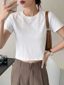 Dazy-Less Solid Color Short Sleeve T-Shirt Old Money Style Summer,Crop Tops Women Business Casual Woman Work Clothes - White - View 2