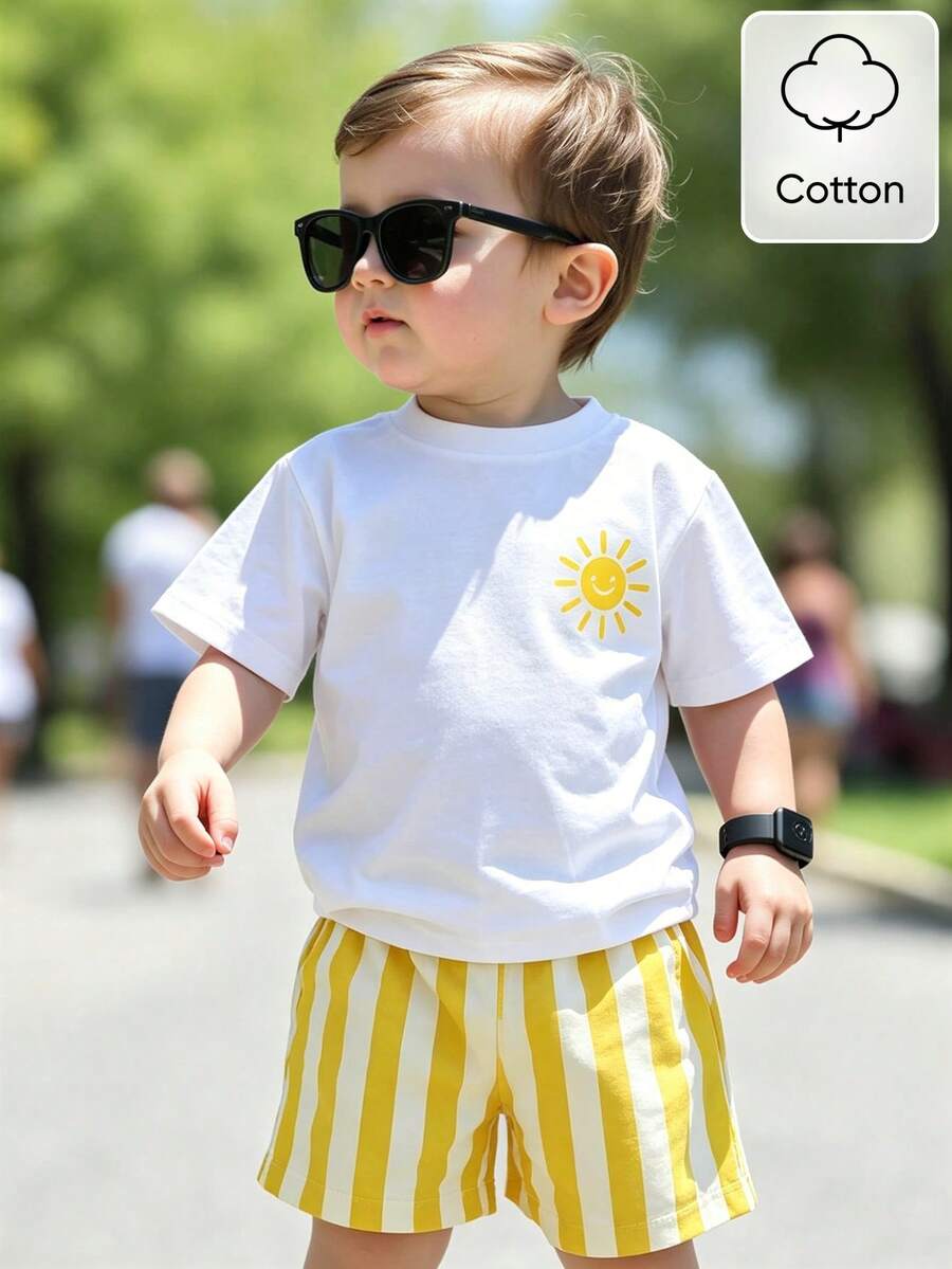 SHEIN Playful Pals 两件套舒适纯棉男婴夏季度假阳光脸印花圆领短袖T恤搭配松紧腰条纹短裤套装，婴儿服装，男婴T恤套装，夏季套装，适合6个月至3岁宝宝，海滩度假风，休闲假日风，韩版风格，海滩假日 - 彩色 - 查看 1