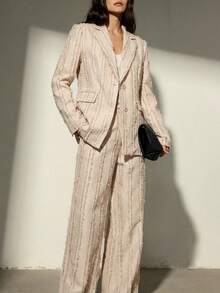 Aveloria Modichic Conjunto de chaqueta blazer con diseño de flecos de rayas verticales de borde crudo texturizado y pantalones de pierna ancha - Albaricoque - Ver 5