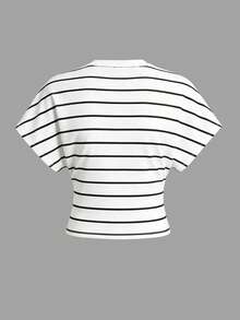 Airaco White Loose Striped Print Round Neck Casual Short Sleeve T-Shirt - White - View 2