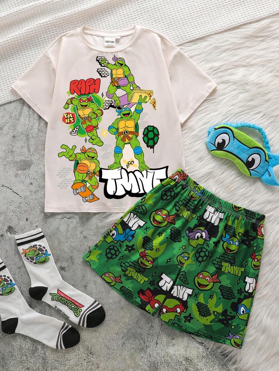 TEENAGE MUTANT NINJA TURTLES | SHEIN 男童圆领卡通字母印花短袖上衣和短裤休闲家居服套装 - 彩色 - 查看 1