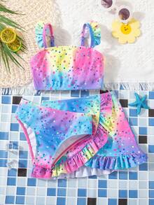 SHEIN Young Girl Colorblock Polka Dot Print Ruffle Trim Bikini Set Set, Summer Beach Holiday - Multicolor - View 3
