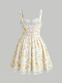 MOD Vestido mini con tirantes de espagueti, estampado floral morado y encaje, con espalda cruzada con lazo - Para fiesta de jardín, cita, fiesta, ropa de mujer para primavera y verano, vacaciones, picnic, fiesta, cumpleaños - Amarillo claro - Ver 2