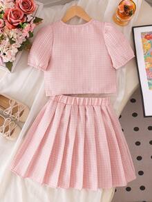 SHEIN Elladie kids Bộ 2 món cho bé gái tuổi teen, kiểu dáng thanh lịch thường ngày: áo dệt kim jacquard màu vàng, áo khoác cardigan jacquard bóng màu trắng có cúc ngọc trai và chân váy xếp ly, thích hợp cho dã ngoại. - Hồng - Xem 2
