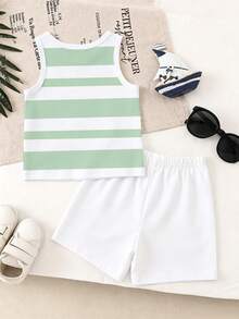 SHEIN Playful Pals 2pcs/Set Young Boy Casual Striped Logo Print Tank Top And Matching Logo Print Shorts, Suitable For Summer Outings - Multicolor - View 2