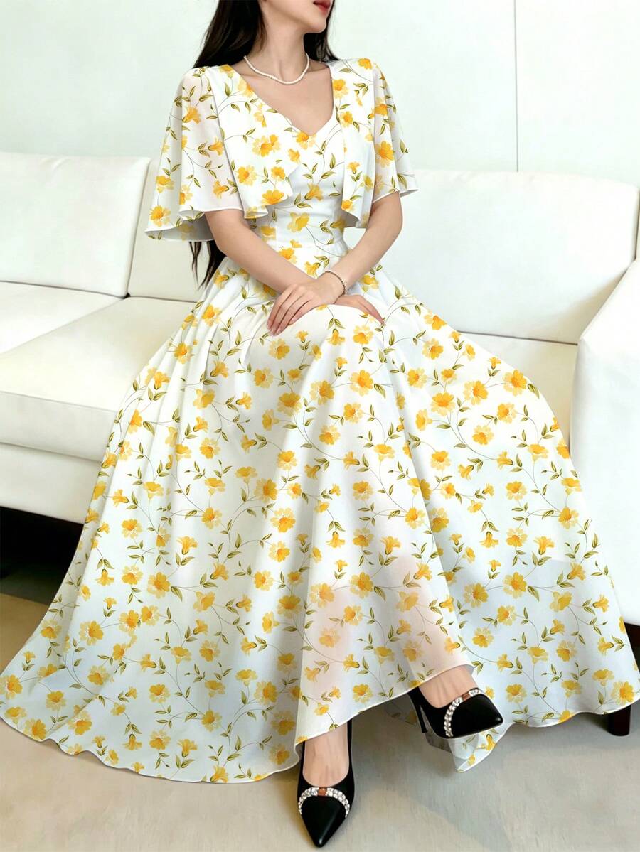 Modelyn 女款短袖洋裝,女款短袖數位印花收腰洋裝,披肩袖荷葉邊裙襬優雅美觀,迷人淑女,時尚優雅Y2K風格,聚酯纖維材質,適合外出、節慶、派對。女款夏季洋裝,女款約會、派對、度假洋裝。女款洋裝,碎花洋裝,海灘度假碎花洋裝 - 白色 - 查看 1