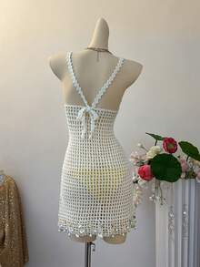 INAWLY Women's Solid Color Hollow Knit Beach Vacation Dress - White - View 2
