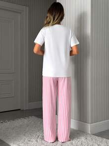 SHEIN Contrast Pink Stripe Pocket Tee & Pants Pajama Set - Pink - View 2