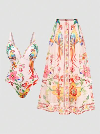 Swim Oasis 2026 Summer New Sexy Floral Print 2-Piece Swimsuit Set For Women, Includes Camisole And Sarong Skirt For Beach Vacation