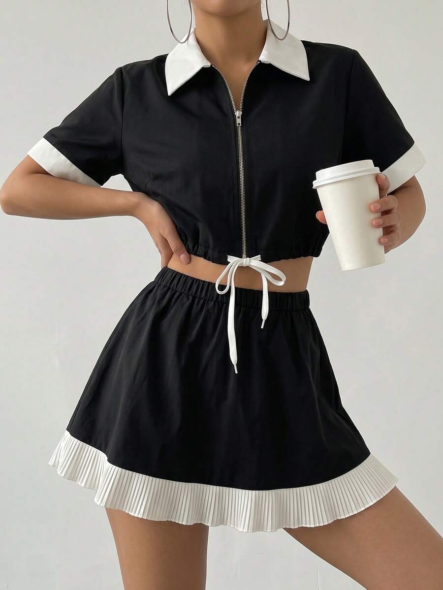Aidyla Black And White Contrast Trim Two-Piece Co-Ord Set Drawstring Waist Detail Preppy Sporty Chic Summer Everyday Casual Wear Summer Outfit For Women - Black - View 1