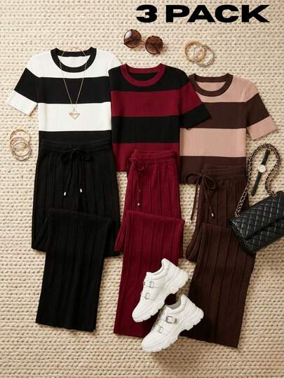 Set de 3 conjuntos de pants casuales para mujer, multicolor. Tela de poliéster y elastano, suave y cómoda. Ideales para cualquier temporada del año. Camiseta de manga corta, cuello redondo. Pants de pierna ancha. Ajuste de cintura natural con resorte ligero y cordón ajustable. Sin bolsillos. Te llegarán 3 conjuntos de pants en colores al azar.