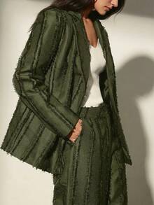 Aveloria Modichic Textured Frayed Edge Vertical Striped Tassel Design Sense Blazer Jacket Paired With Wide Leg Pants Women Suit Set - Olive Green - View 1