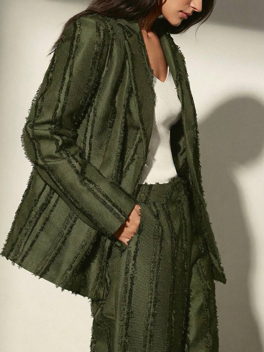 Aveloria Modichic Textured Frayed Edge Vertical Striped Tassel Design Sense Blazer Jacket Paired With Wide Leg Pants Women Suit Set - Olive Green - View 1