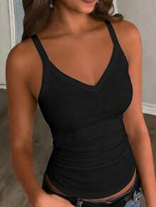 Slaydiva 91% Cotton Black Summer Casual Everyday Women Tank Top,Solid Ribbed V-Neck Racerback Gathered Basic Versatile Outfits For Party,Sports & Yoga - Black - View 9