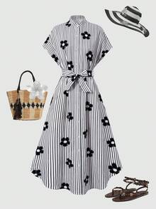 SHEIN 一件式少女夏季休闲时尚经典舒适短袖连衣裙，粉色条纹立领短袖中长宽松衬衫裙，开衩下摆配腰带，适合日常穿着、购物、度假等场合。 - 彩色 - 查看 7