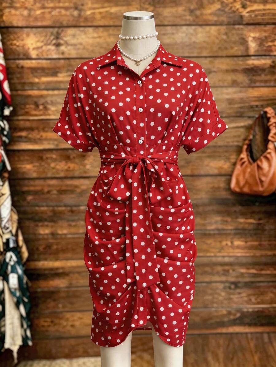 Franclia Đầm nữ chấm bi tay ngắn, cài cúc, thắt eo, xếp ly. - Nhiều màu - Xem 1