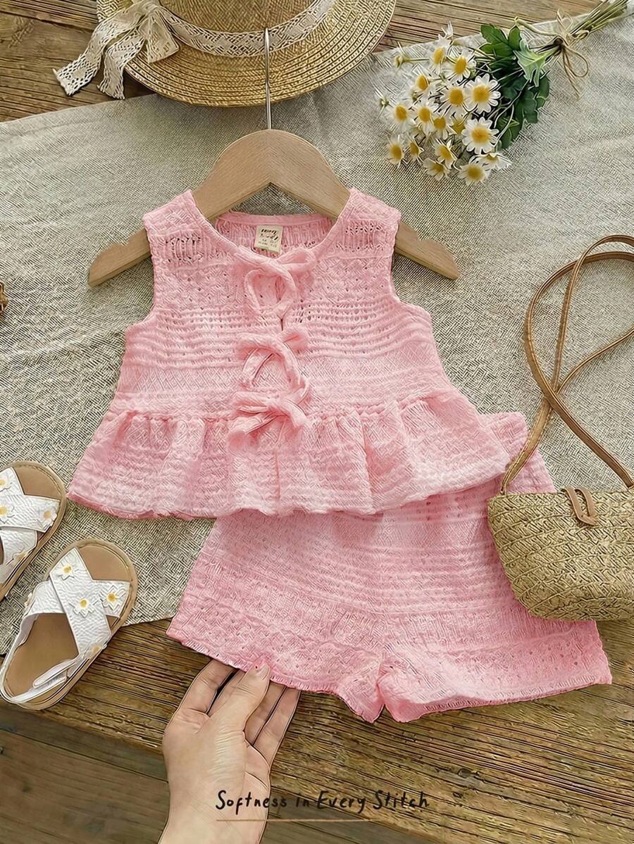 Cozy Pixies Conjunto de 2 peças com Cardigan de Malha de Gola Redonda Sem Mangas e Shorts de Cintura Elástica em Cor Sólida para Bebê Menina - Rosa Bebê - Visão 1