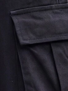 Teen Boy 1pc Casual 4-Season Utility Straight-Leg Loose Fit Black Pants With 3D Pockets, Versatile Street-Style Chic For Autumn/Winter - Black - View 3