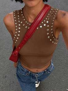 Rovax Sequins Embellished Crop Top, Street Fashion Style Cowboy, Plus Size Night Rave Chocolate Brown Summer - Coffee Brown - View 3