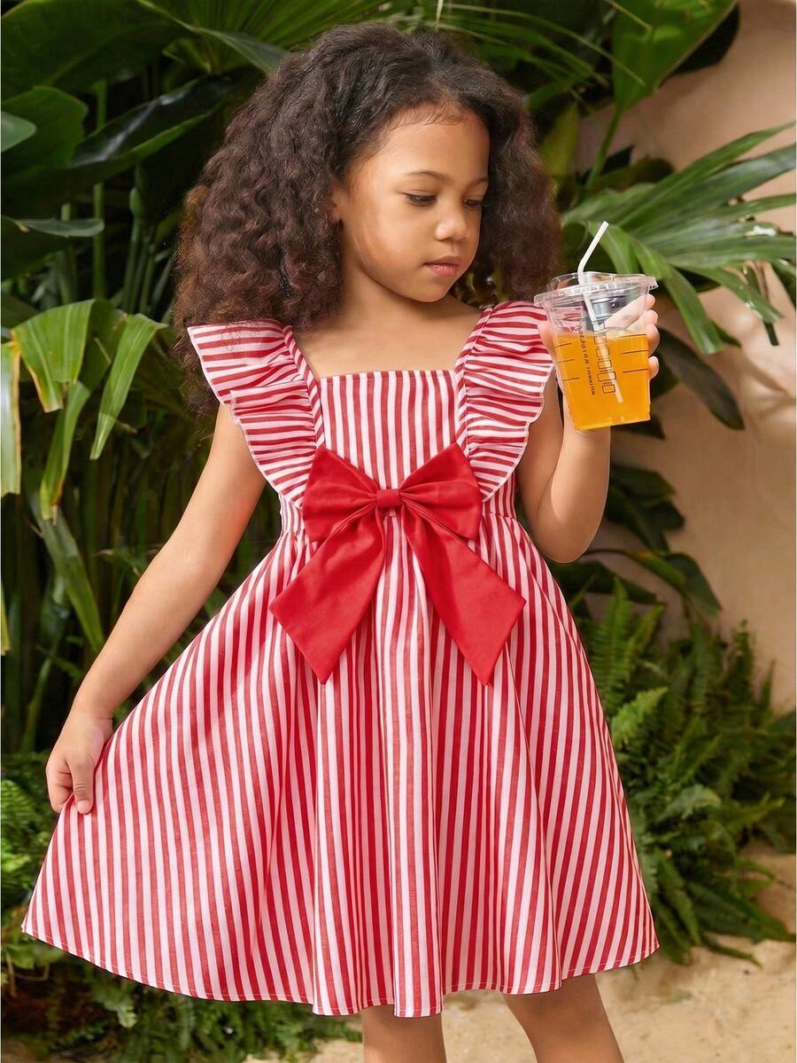 SHEIN Pink & White Striped Floral Print Bow Ruffle Trim Short Sleeve Casual Dress, Fashionable Baby Daily Wear Dress, Spring/Summer Holiday Style - Red - View 1