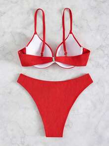 Summer Beach Solid Push Up High Cut Bikini - Red - View 3