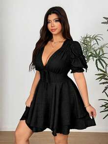 Vionelle Vestido mini de fiesta ajustado con escote en V profundo y mangas abullonadas para tallas grandes - Negro - Ver 6