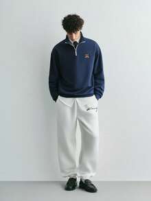 Sonviro Áo sweatshirt nam dáng rộng, cổ đứng, họa tiết chữ, vai rớt, khóa kéo cổ tay, thích hợp cho mùa thu, tay dài. - Màu xanh lam - Xem 4
