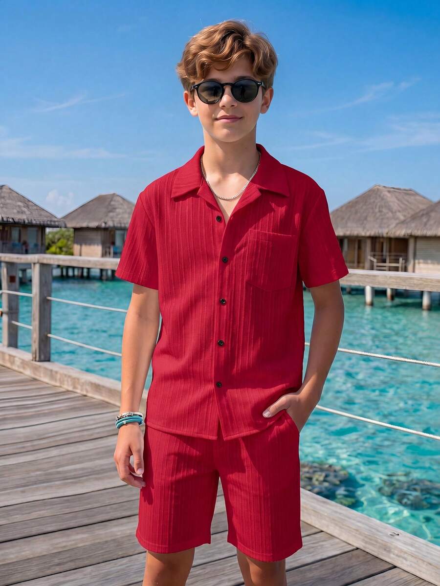 SHEIN Kemeja Lengan Pendek Polos Kasual untuk Remaja Laki-laki - Burgundy - View 1