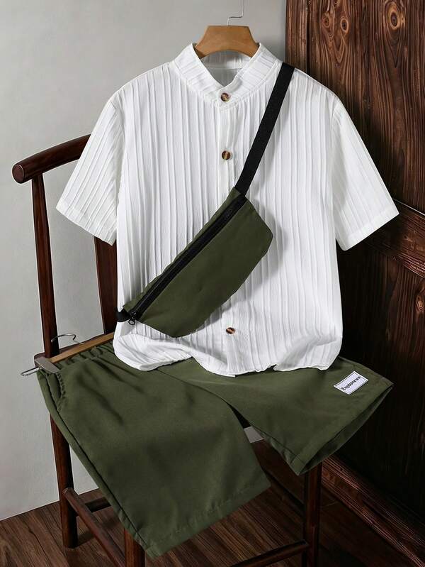 3pcs Tween Boys' Spring/Summer Short Sleeve Shirt, Shorts, And Crossbody Bag Set. The Beige And Brown Color Contrast And The Utility Pockets On The Shorts Create A Stylish, Casual And Look For Boys' Daily Wear.