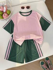 SHEIN 少女背心套装，夏季T恤短裤套装，运动风粉色和深绿色撞色设计，宽松版型，轻薄面料，适合日常穿着、休闲运动或搭配。 - 粉色 - 查看 4