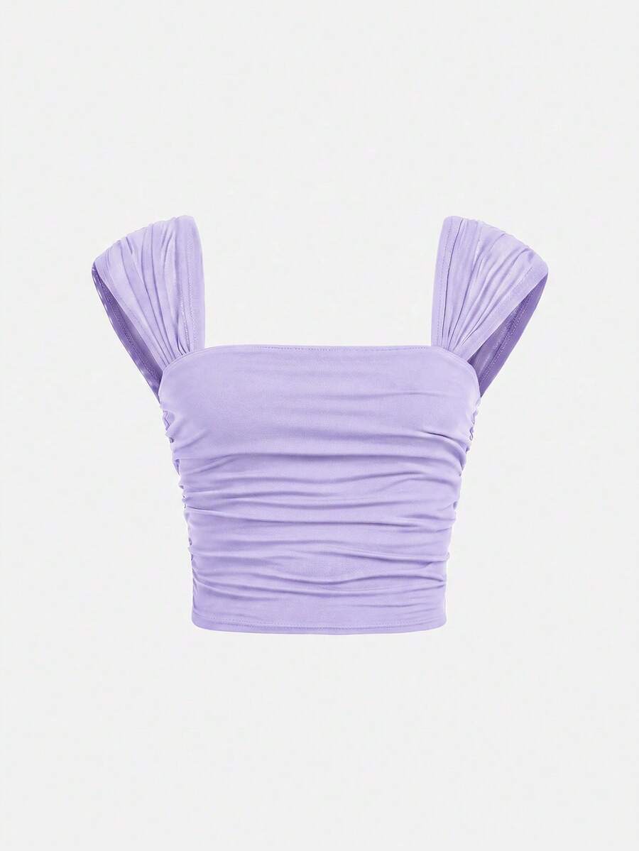 SHEIN Camiseta sin mangas para niña preadolescente, casual elegante, de punto, color liso, cuello cuadrado, fruncida, manga corta, ajustada, con patchwork de malla, para vuelta al cole, graduación, baile de graduación, fiesta de Halloween, KIDS - Morado - Ver 1