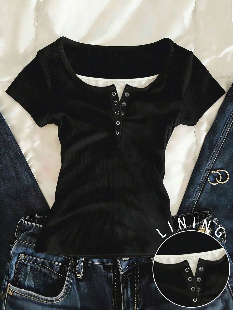 Camiseta de manga corta casual y de oficina con contraste de encaje y botones a la mitad, para verano - Multicolor - Ver 1