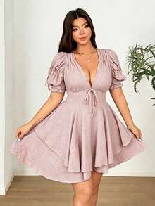 Vionelle Vestido mini de fiesta ajustado con escote en V profundo y mangas abullonadas, talla grande - Rosa vieja - Ver 7