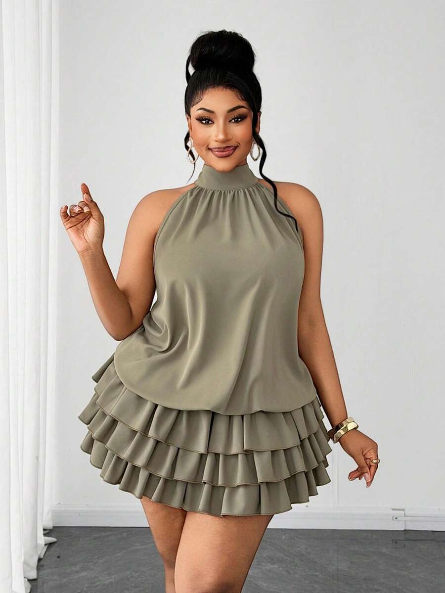 Maweii Plus Size Lace-Up Sleeveless Multi-Tier Ruffle Hem Elegant Dress - Army Green - View 1