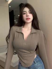 DAZY Solid Color Zipper Front Long Sleeve T-Shirt With Curved Hem,Fall Clothes Preppy Tops - Coffee Brown - View 2