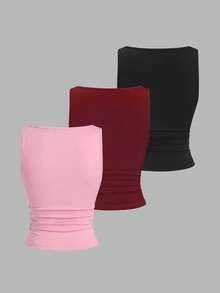 Sweetra Women's Crew Neck Pleated Casual Versatile Tank Top Set - Multicolor - View 2